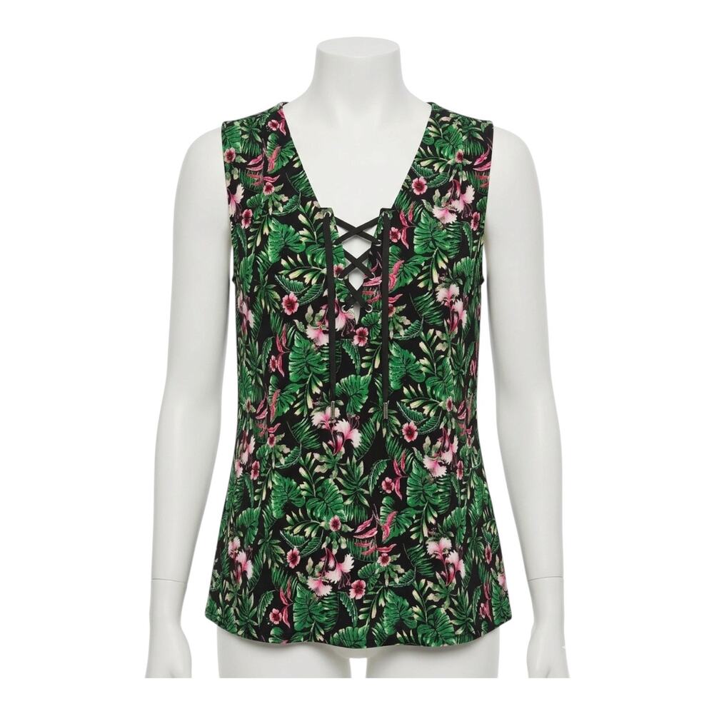 White House Black Market Tropical Floral Lace Up Tank Blouse Sleeveless Top S